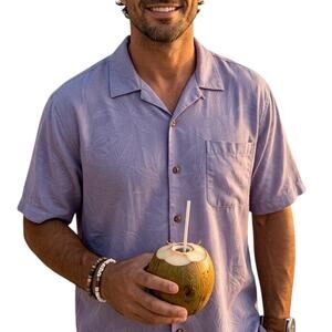 Tommy Bahama Lavender Silk Camp Shirt Mens XL Subtle Tropical Print Button Front
